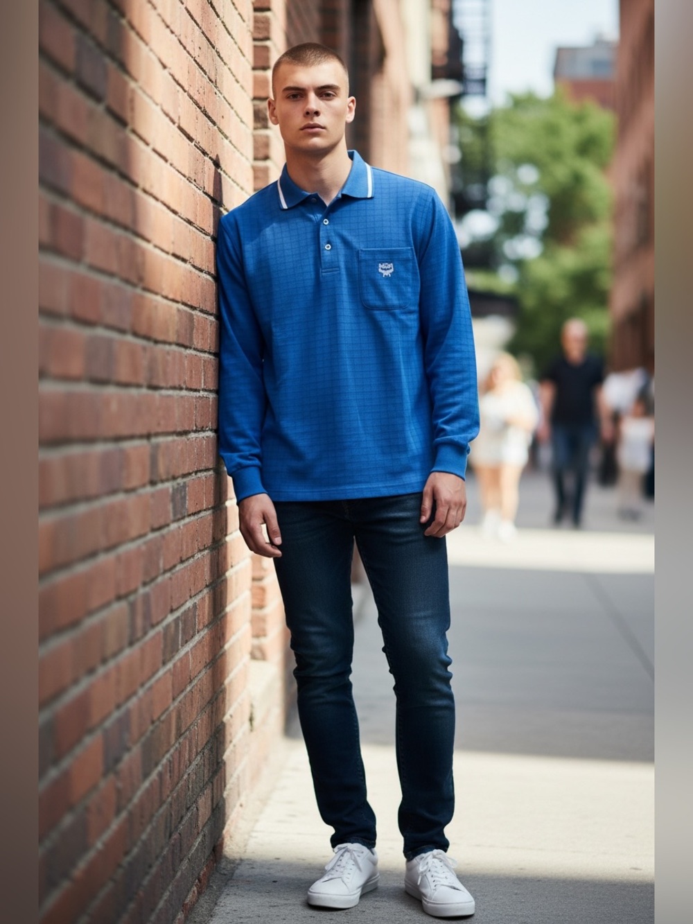 MCM Blue Long-Sleeve Polo with Chest Pocket